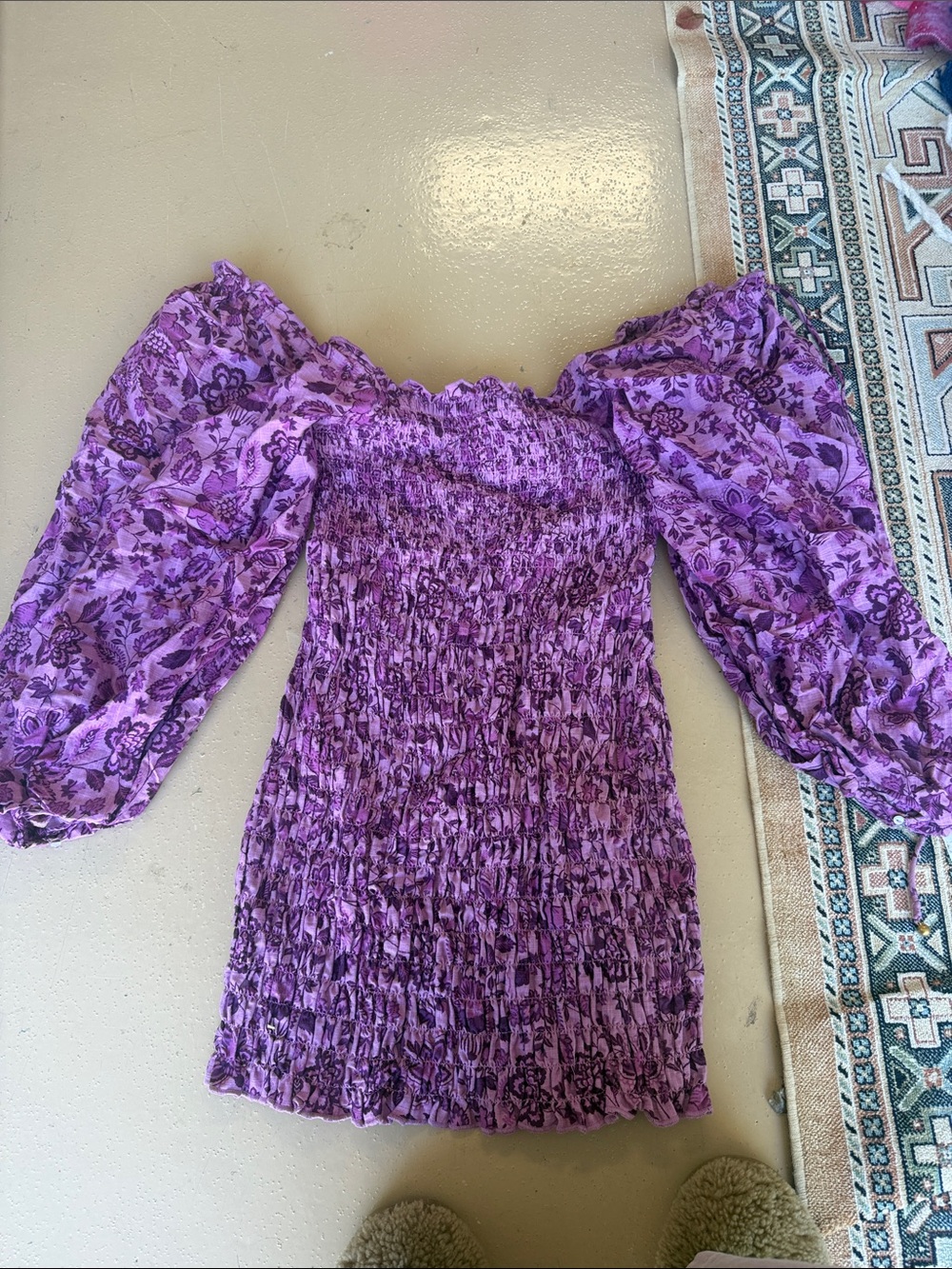 Purple Floral Smocked Off-Shoulder Dress free people